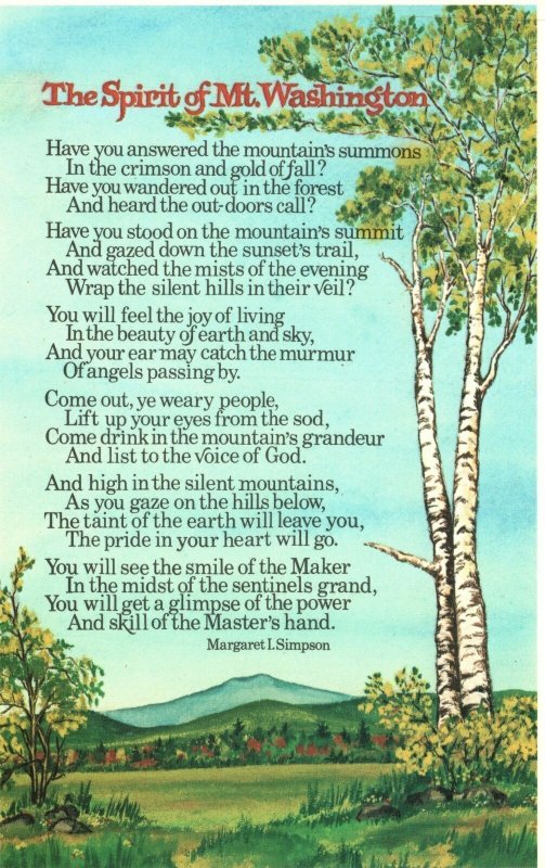 Vintage Postcard The Spirit Of Mt. Washington Poem Of Its Beauty New Hampshire