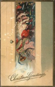 Christmas - Santa Claus w/ Tree Peeks in Doorway c1910 Embossed Postcard