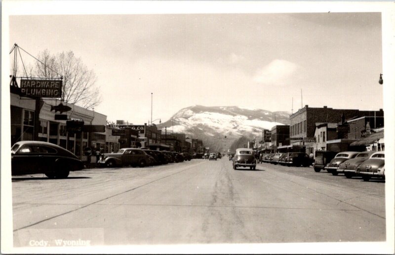 Real Photo Postcard Street Scene, Hardware Plumbing in Cody, Wyoming