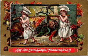 Postcard Thanksgiving Boys Dressed as Chefs Carry Large Turkey ~1910 R2