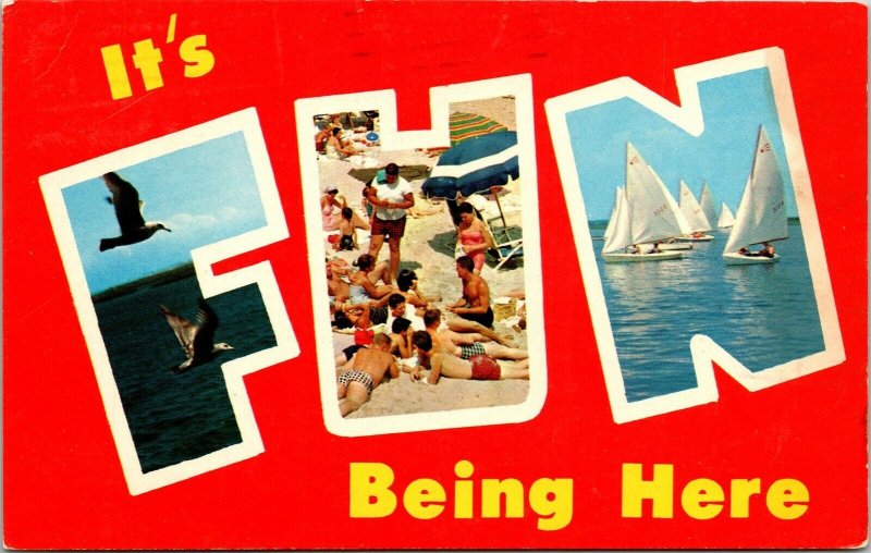 Fun Large Letters Sea Gulls Beach Sailboats Postcard Tichnor Cancel PM WOB Note  