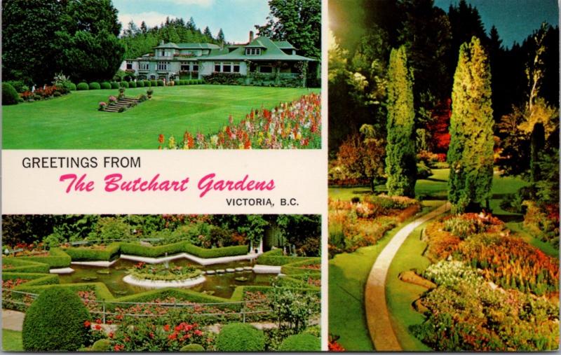 Greetings from Butchart Gardens BC Multiview Unused Vintage Postcard D63