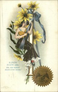 Beautiful State Ladies Women Series Seal & Flower Postcard ILLINOIS