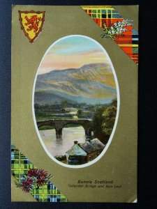 Bonnie Scotland Gold & Tartan CALLANDER BRIDGE Old Postcard by A.& G. Taylor