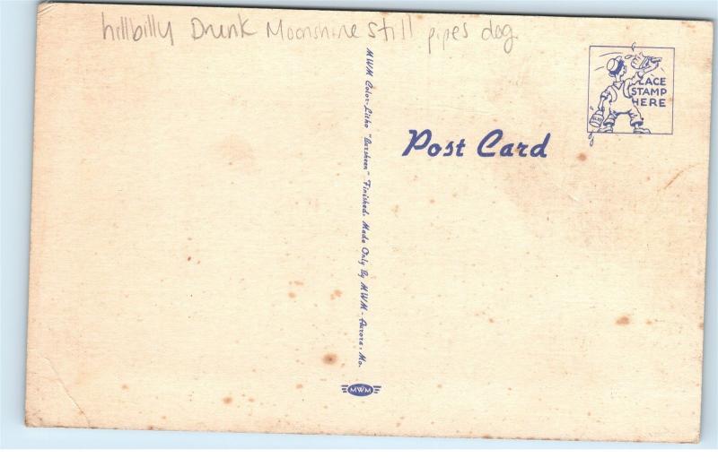 Moonshine Still Hillbilly Drunk Smoking Pipe Wife Dog Well Vintage Postcard B47