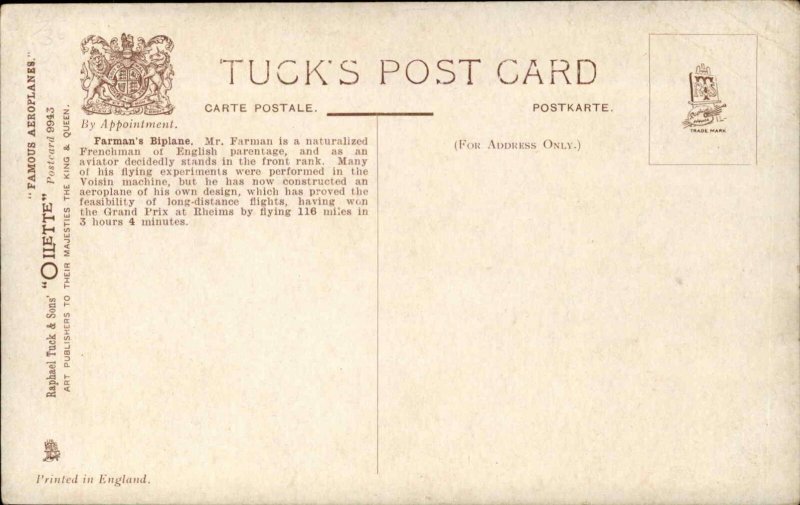 Tuck Pioneer Aviation Famous Aeroplane Farman Biplane c1910 Vintage Postcard