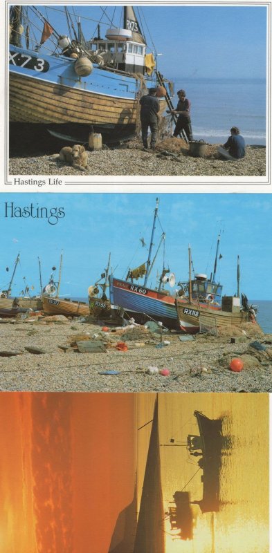 Hastings Fishing Boats incl Sunset 3x Postcard s