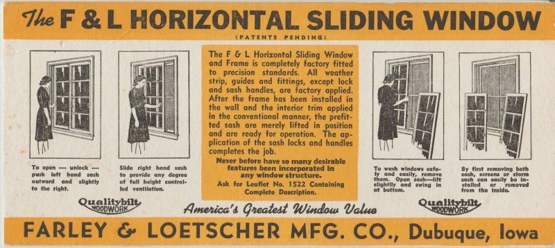 Vintage Ink Blotter Ad Farley & Loetscher Mfg Co Dubuque IA Sliding Window