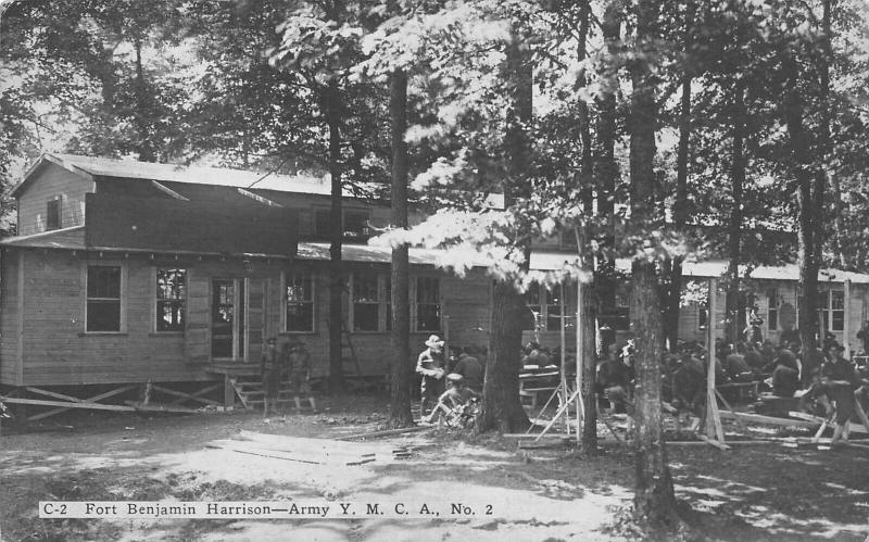 Fort Benjamin Harrison Indiana~WWI Army Post~YMCA No 2~Soldiers Out~1918 RPPC 