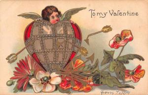 To My Valentine Cupid in heart arrows flowers antique pc Z25763 