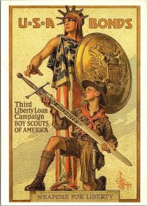 VINTAGE CONTINENTAL SIZE POSTCARD U.S.A. BONDS & BOY SCOUTS OF AMERICA (LITHO)