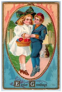 c1910's Easter Greetings Couple Romance Bunny Rabbit Embossed Antique Postcard