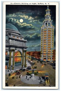 c1920's Buses, Cars, Monument Electric Building at Moonlight Buffalo NY Postcard