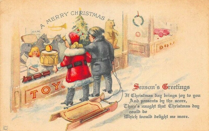 Red Suited Santa Claus Girl Boy w/Sled Season's Greetings Postcard