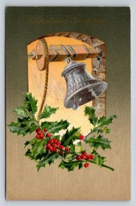1908 Christmas Greetings Postcard Bell Holly Berries Divided Back NC Postmark