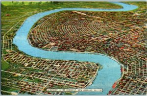 Aerial View Postcard Winding Mississippi River Crescent City New Orleans LA