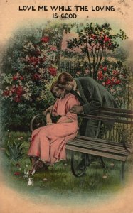 Vintage Postcard 1910's Lovers Couple In The Park Garden Kiss Hug Romance