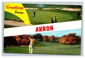 Vintage 1960's Postcard Greetings From Akron Ohio - Golfers Driving & Putting