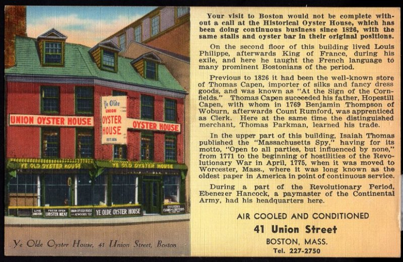 MA ~  BOSTON Ye Olde Oyster House 41 Union Street near Faneuil Hall LINEN