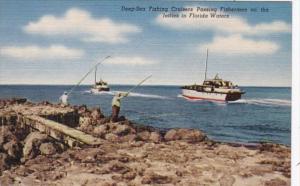 Florida Fishing Deep Sea Fishing Cruisers Passing Fishermen On The Jetties In...