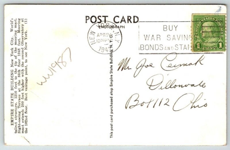 RPPC  Empire State Building  New York City   Photo  Postcard  1943