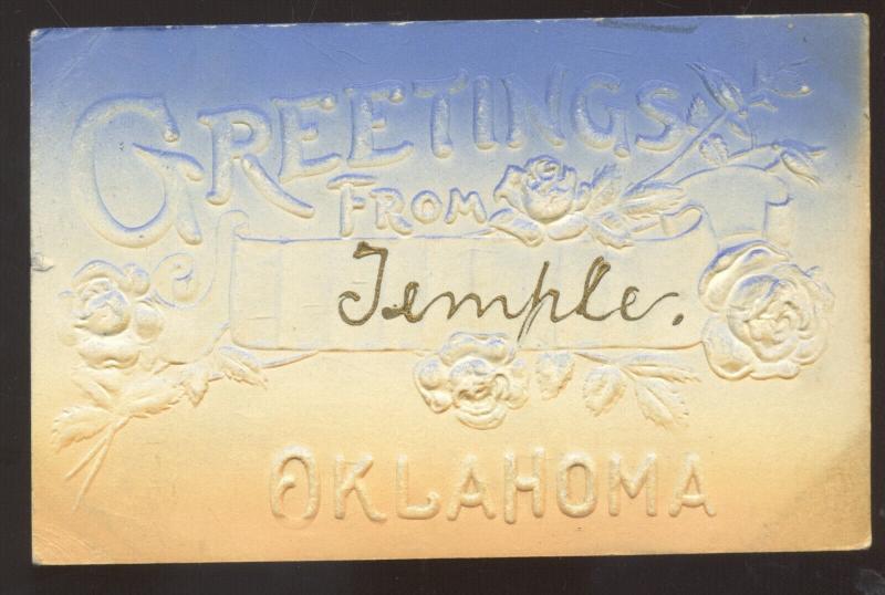 GREETINGS FROM TEMPLE OKLAHOMA EMBOSSED STOVER MISSOURI VINTAGE POSTCARD