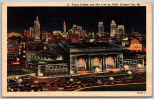 Vtg Kansas City Missouri MO Union Station & Sky Line Night View 1940s Postcard