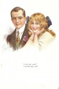 Couple. Teasing Old vintage Swiss, artist signed, postcard