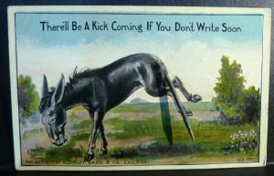 Postcard Mechanical Spring Tail Donkey A Kick Coming If You Don't Write Soon C37