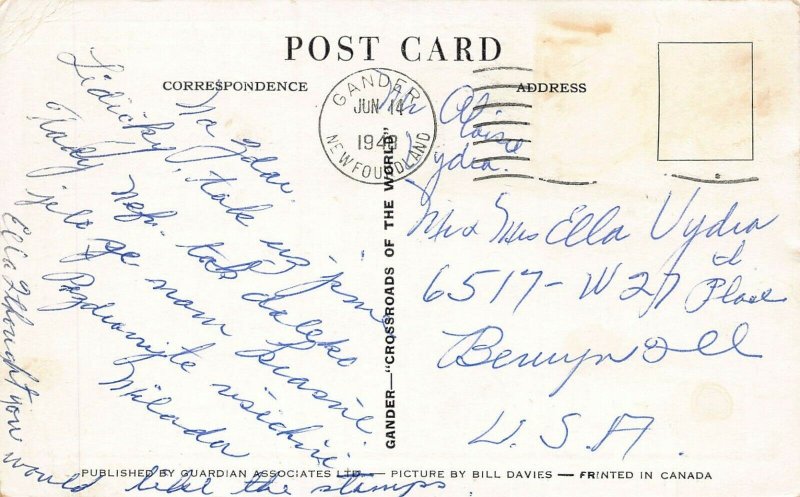 GANDER NEWFOUNDLAND CANADA~AIRPORT TERMINAL~CROSSROADDS OF WORLD~1948 POSTCARD