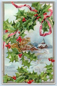 c1910's Christmas Holly Berries Church Winter Scene Embossed Tuck Postcard