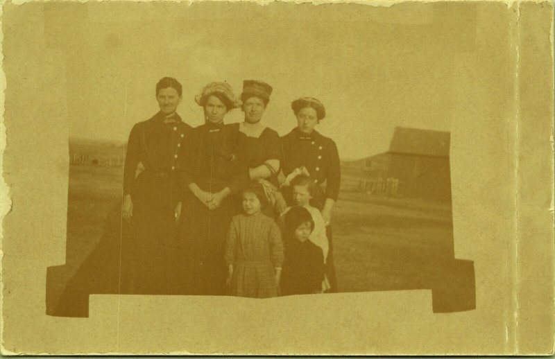 RPPC Family Outside Women Children button tops, stencil Real Photo Postcard