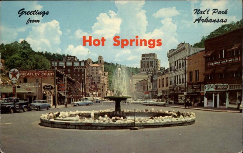 Hot Springs National Park Arkansas AR Fountain Street Scene Texaco Vintage PC