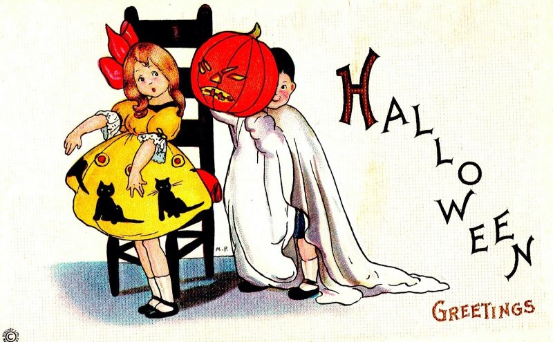 Vintage Stecher Litho Co. Girl &  Boy dressed as JOL Ghost Halloween Postcard