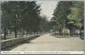 WEST SWANZEY NH STREET SCENE IN FRONT OF DENMAN THOMPSON'S ANTIQUE POSTCARD