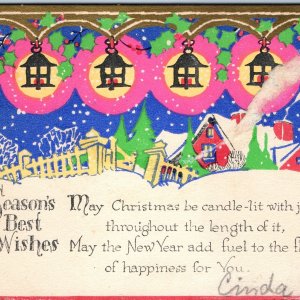 c1920s Merry Christmas Seasons Greetings Card Colorful House Fleming McCloud 5I