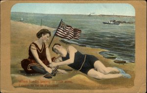 Bathing Beauty Young Woman and Man on Beach American Flag Romance c1910 PC