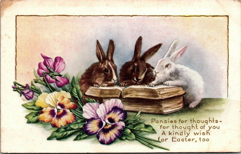 Vintage Embossed Postcard Easter Greeting Poem Rabbits w/ Pansies Floral Motif 