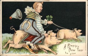 Tuck New Year Surrealism Clown Riding Pigs c1910 Vintage Postcard