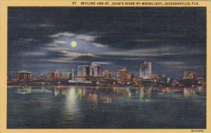 Florida Jacksonville Skyline and St Johns River By Moonlight Curteich