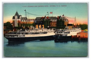 CPR Steamer and Empress Hotel Victoria BC Canada UNP Linen Postcard N22