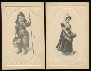 Pair of vintage postcards. Vignettes of Dutch girl and boy in traditional garb