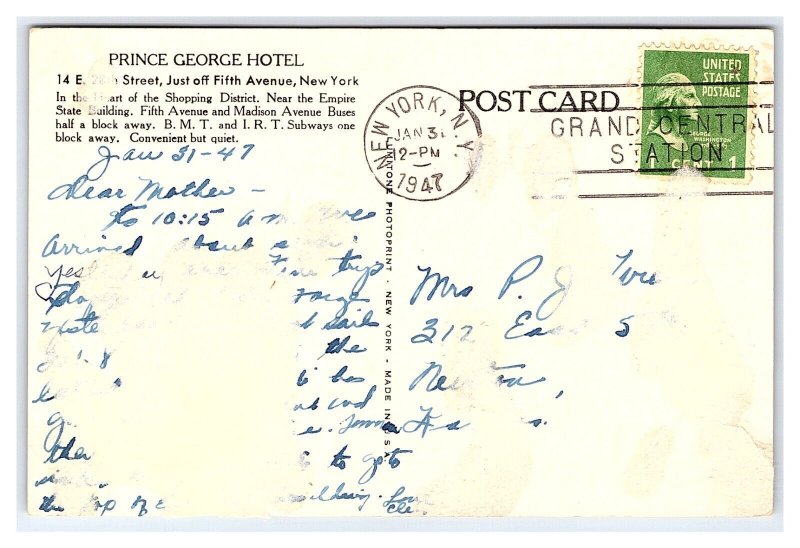 New England Room Prince George Hotel New York City N.Y. c1947 Postcard