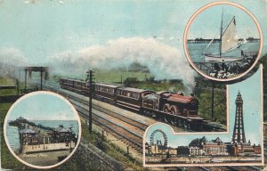 England railway train and multi views vintage postcard