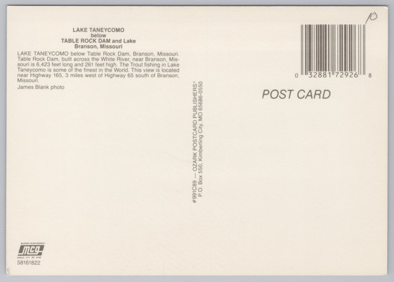 Branson MO~Air View Lake Taneycomo @ Table Rock Dam~Continental Postcard