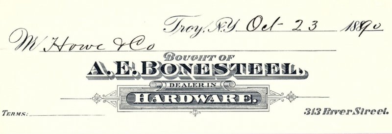 1890 TROY NY  A.E. BONESTEEL HARDWARE 313 RIVER ST  BILLHEAD INVOICE Z1732