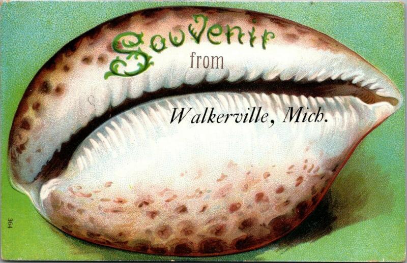 Walkerville Michigan~Souvenir Seashell Greetings~Embossed 1909 Cancel~Postcard 