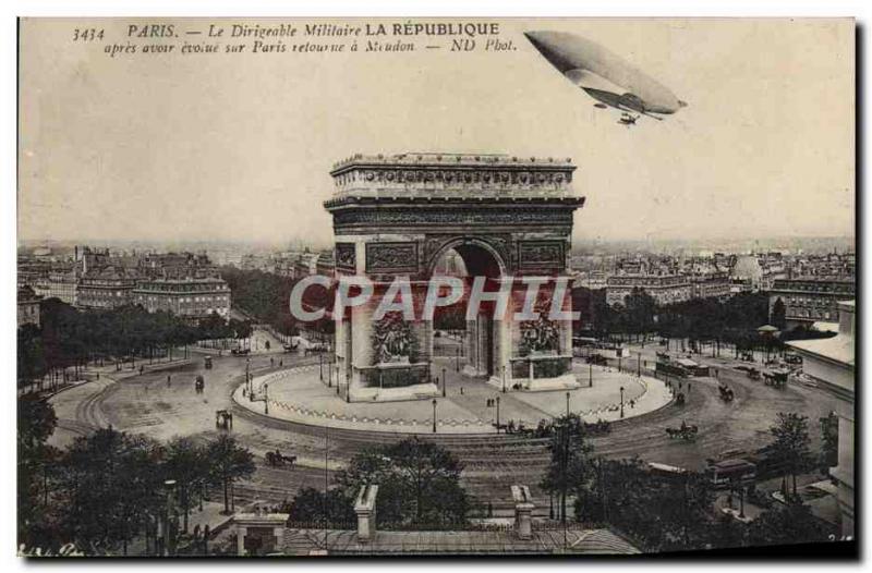 Old Postcard Jet Aviation military Zeppelin Airship La Republique Paris Arc d...