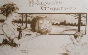 Halloween Postcard Kathryn Elliott Women With JOL Spooks Cherub Angel Sepia 1911