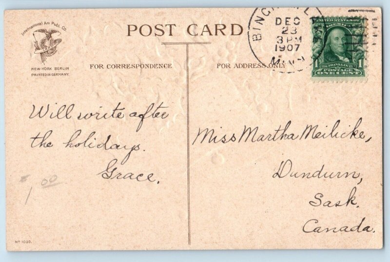 Ellen Clapsaddle Signed Postcard Christmas Holly Berries Bell Embossed 1907